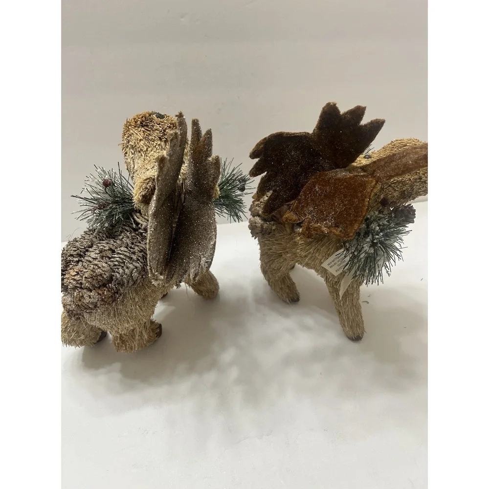 Vintage Pier 1 Christmas Woodland Moose Set Of 2 Straw Pine Cones Browns Glitter